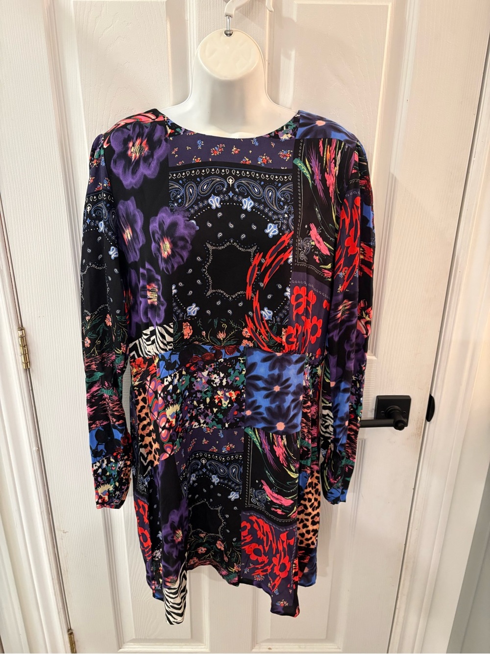 Desigual Patchwork Floral Long Sleeve Dress in Black, Purple and Red